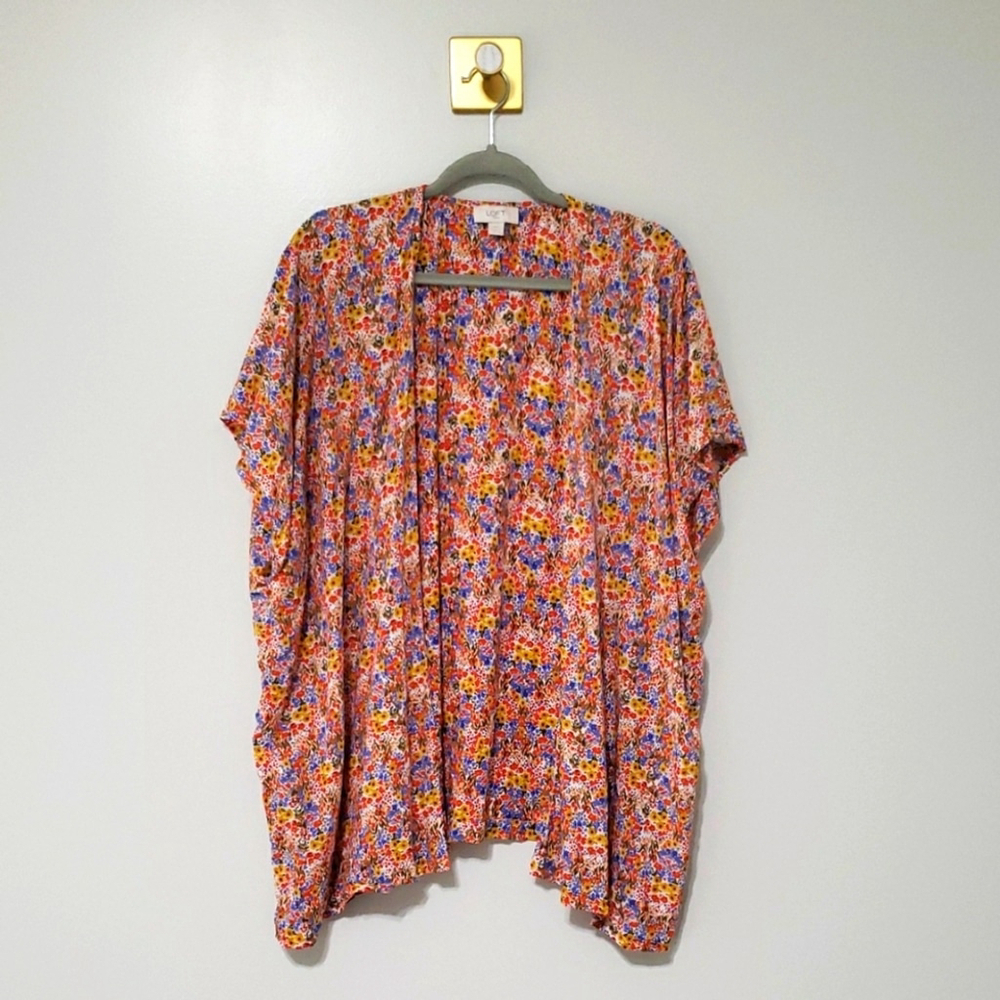 LOFT Women Floral Kimono Medium Large M/L Red Blue Boho Festival Cottage Bright